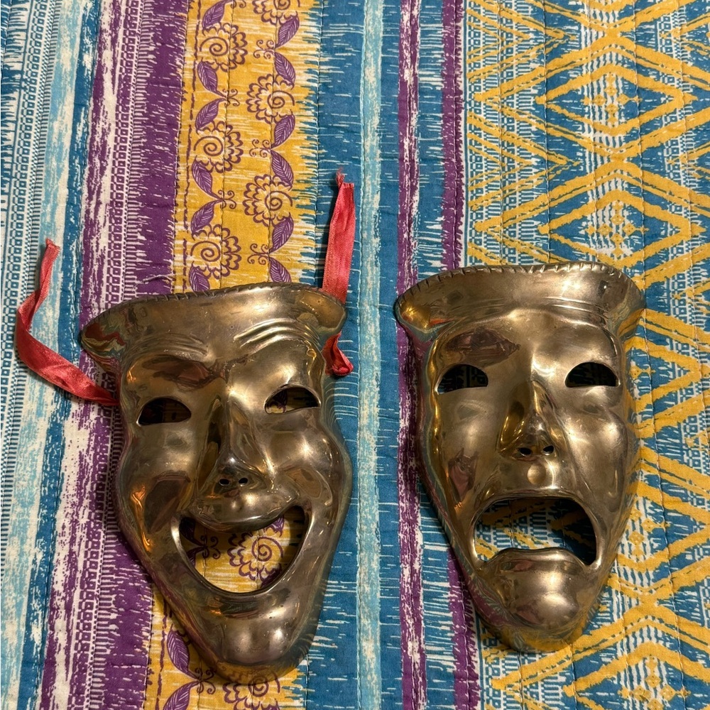 Vintage Solid Brass Comedy and Tragedy Theater Masks Wall Decor Pair